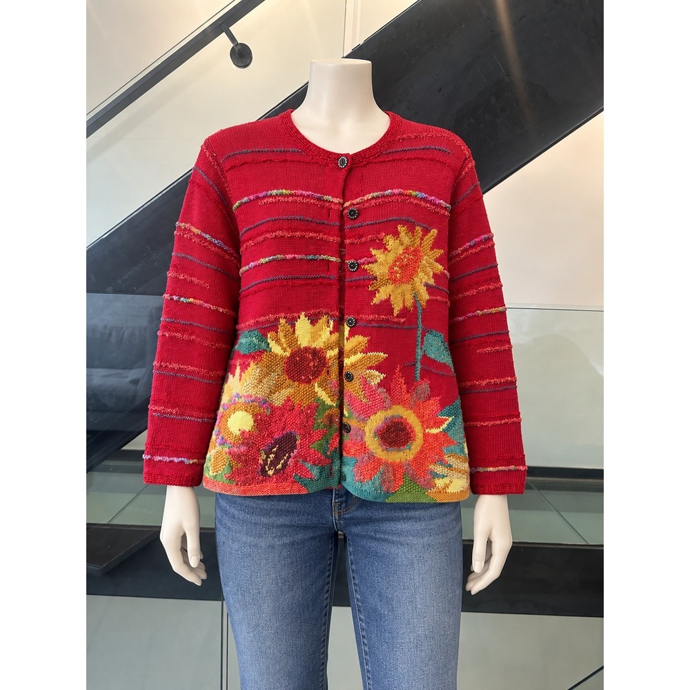 Susan Bristol Vintage Red Hand Knit Sunflower Cardigan Sweater Silk Blend Medium